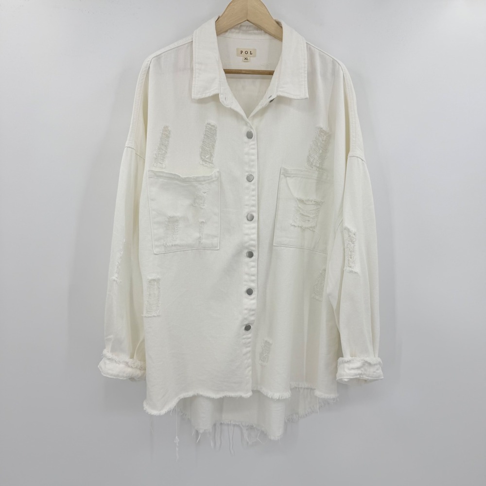 POL Distressed Denim Shacket White Oversized Star Patch XL Jean Jacket - Picture 2 of 9